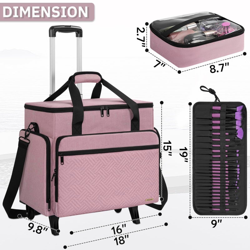 FREEAMG Extra Large Rolling Makeup Case with 4 Removable Pouchesï¼ŒProfessional Make up Train Case with Wheels,Travel Cosmetic Bag for Hairstylists Nail Tech Makeup Artist with Detachable Trolley - Image 2