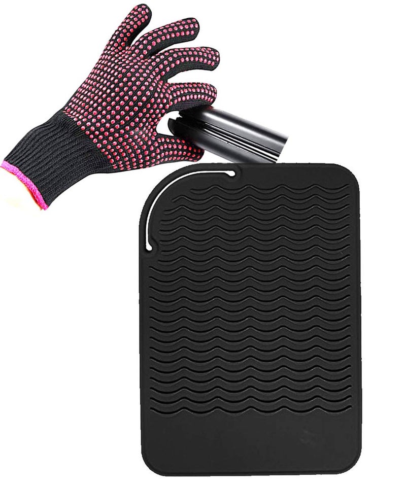 Heat Resistant Silicone Glove and Mat Set for Curling Iron Hair Straightener Flat Irons  9 x 65 Food Grade Silicone Mat Black