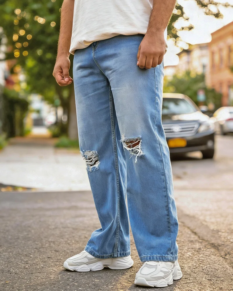 بيواكوف جينز رجالي أزرق مغسول بقصة مستقيمة بتصميم ممزق مقاس كبير