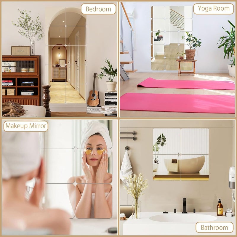 JUNEBRUSHS 4 Pack Self Adhesive Acrylic Mirror, 8 x 8 Inch Mirror Tiles,Flexible Plastic Mirror Sheets Wall Stickers,2MM Thick Mirrors - Image 4