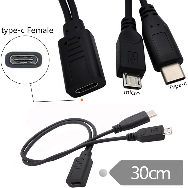 تشينيانغ كابل شحن متعدد الوصلات من نوع USB C Splitter، كابل تمديد من نوع USB C (مناظرة واحدة إلى منافذ USB C وMicro USB) يدعم شحن جهازين في نفس الوقت، طول الكابل: 0.98 قدم (0.3 متر). - Image 3