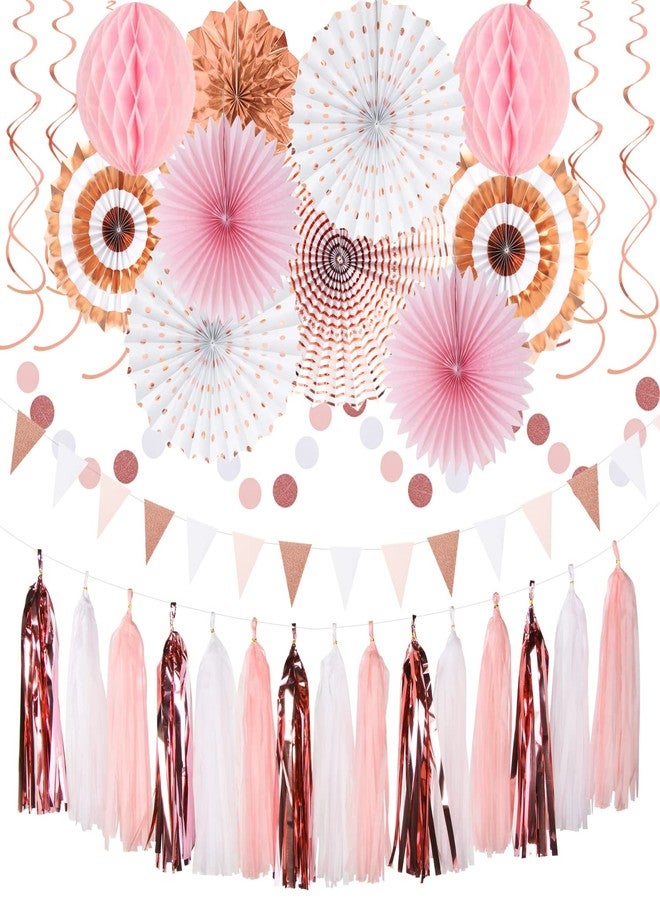Hugtmr Rose-Gold Pink-White Graduation Party-Decorations - 33pcs Banner,Streamers Tassel Garland,Tissue Pom Poms Honeycomb,Paper Lantern Fan,Birthday Wedding Bridal Baby Shower Bachelorette Engagement Hugtmr - Image 1