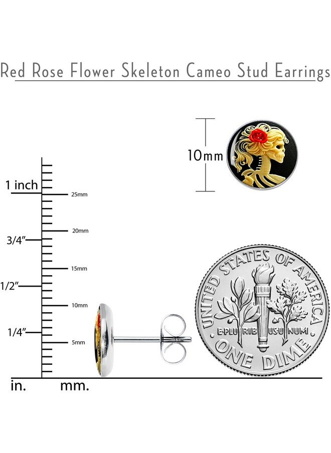 Body Candy Red Rose Skull Skeleton Stud Earrings - Stainless Steel Earrings For Halloween, Day Of The Dead  - Image 3