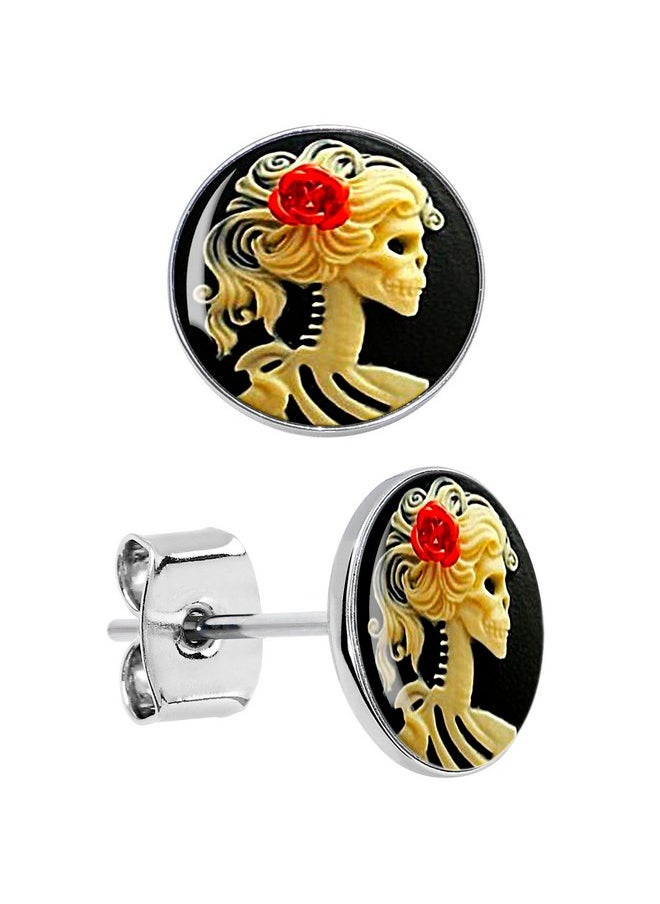 Body Candy Red Rose Skull Skeleton Stud Earrings - Stainless Steel Earrings For Halloween, Day Of The Dead  - Image 1