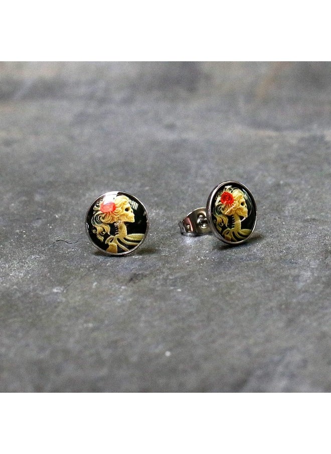 Body Candy Red Rose Skull Skeleton Stud Earrings - Stainless Steel Earrings For Halloween, Day Of The Dead  - Image 2