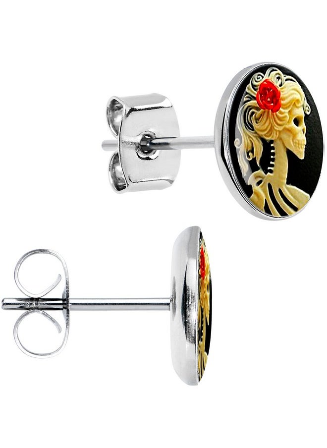 Body Candy Red Rose Skull Skeleton Stud Earrings - Stainless Steel Earrings For Halloween, Day Of The Dead  - Image 5