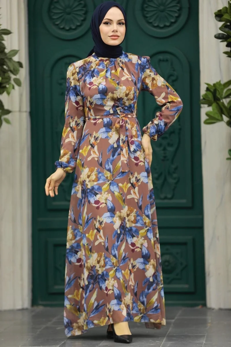 نيفا ستايل - Floral Patterned Tan Hijab Dress 27941TB