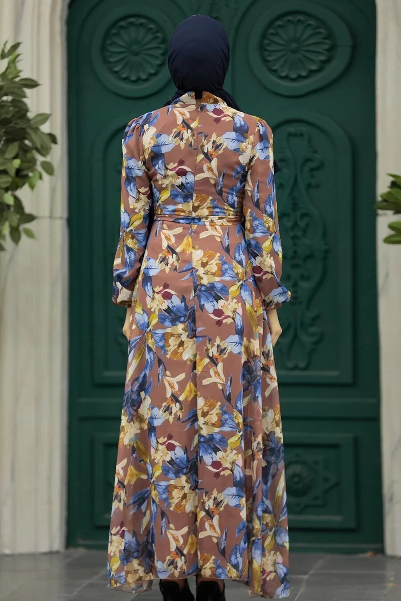 نيفا ستايل - Floral Patterned Tan Hijab Dress 27941TB