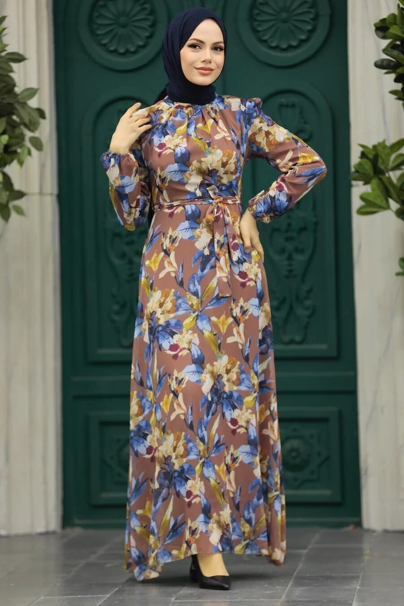 نيفا ستايل - Floral Patterned Tan Hijab Dress 27941TB