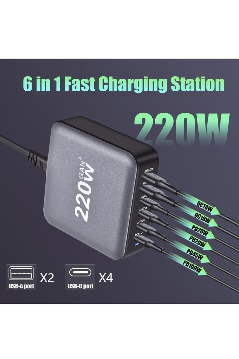 KASTWAVE 220W GaN III 6 Ports USB C Fast Charging Station Hub Block Portable Wall PD Charger - Image 2