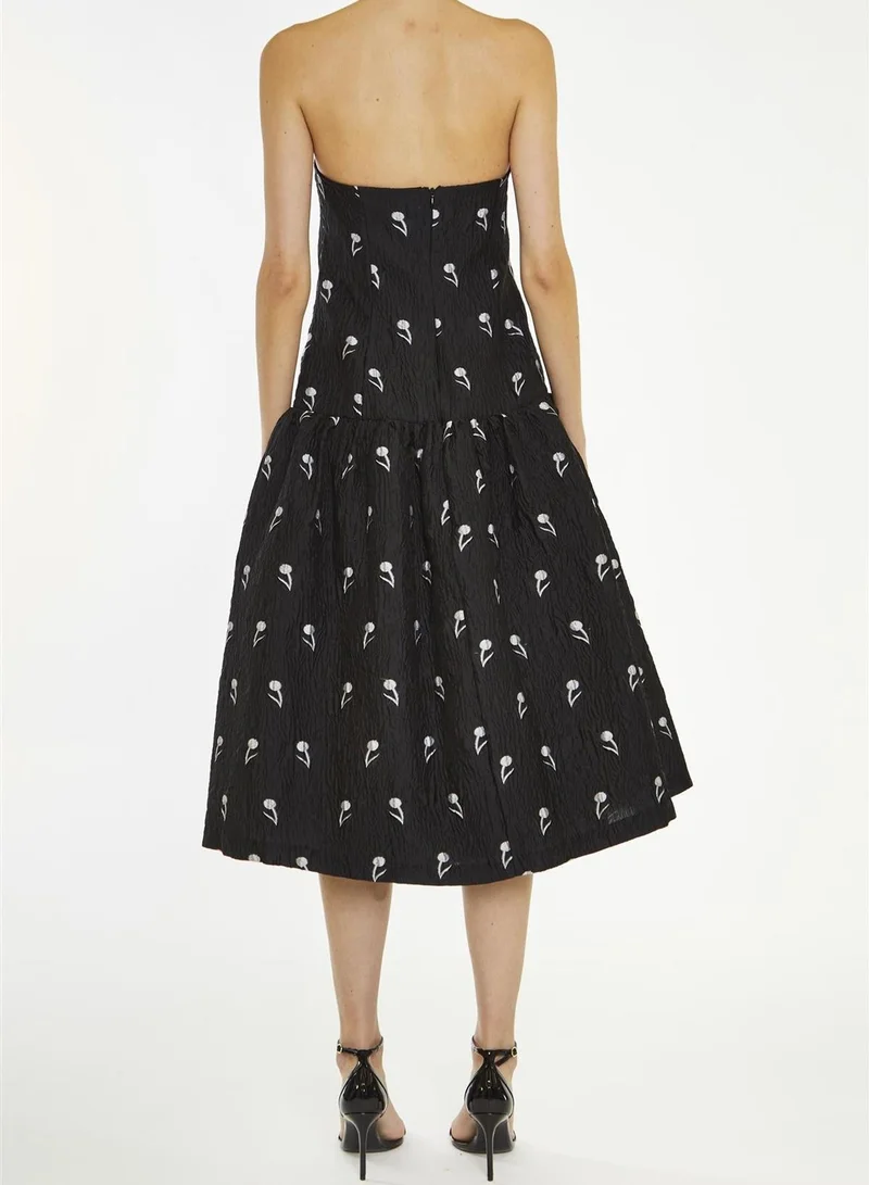 ترو ديكادينس Vienna Black-Grey Floral-Brocade Dropped-Waist Midi-Dress