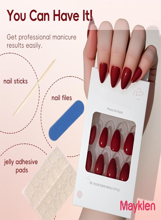 Mayklen Wine Red Stick On Nails - 24 Pcs, Pure Color Artificial Nail Extension Press on Nails, Artificial Nails With Glue Stickers, Nail File & Wood Stick - Reusable & Unbreakable - Image 2