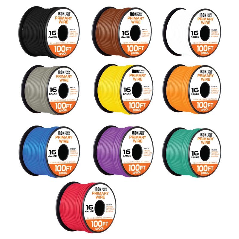 Iron Forge Cable 16 Gauge Primary Automotive Wire Assortment 10 Roll Assortment Pack 100 Ft of Copper Clad Aluminum Wire per Roll Stranded Cable