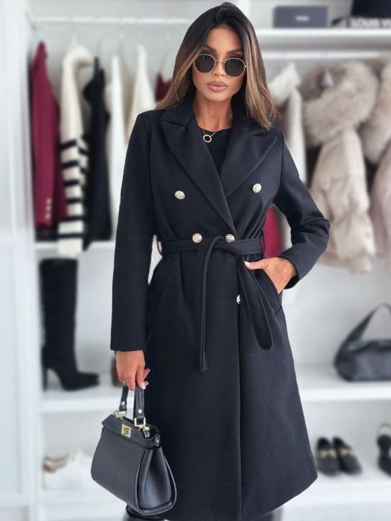 YUNIQEE جاكيت أسود بطول طويل مع ياقة كلاسيكية - Image 1