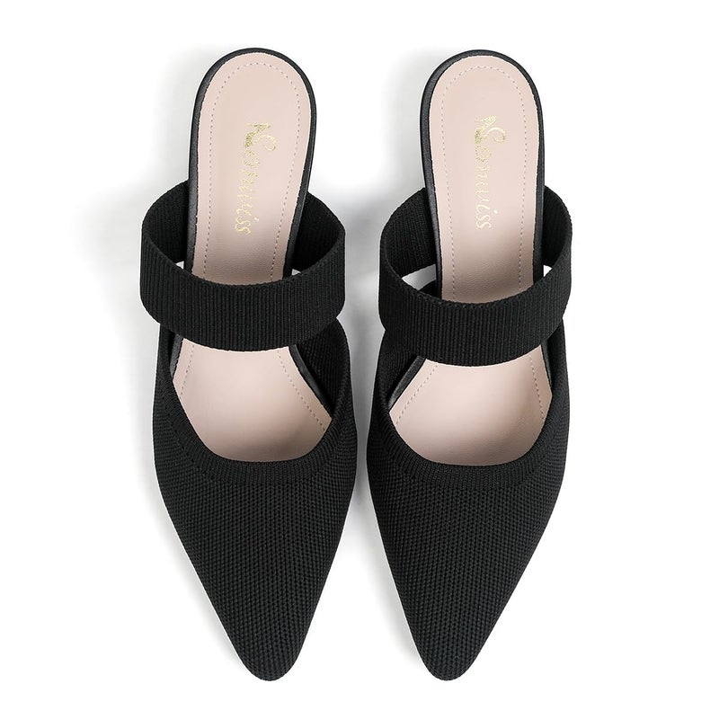 Semwiss Pointed Toe Mules for Women Chunky Low Heeled Sandals Breathable Backless Mesh Knit Slip on Loafers Black Size 9 - Image 1