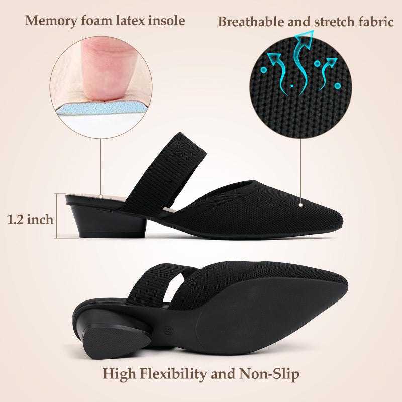 Semwiss Pointed Toe Mules for Women Chunky Low Heeled Sandals Breathable Backless Mesh Knit Slip on Loafers Black Size 9 - Image 3