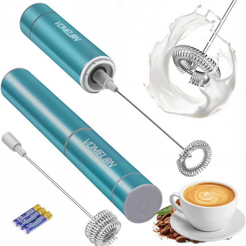 Vomelon Milk Frother Handheld Battery Operated Coffee Foamer Drink Mixer with 2 Stainless Steel Electric Whisks for Coffee Latte Cappuccino Hot Chocolate Protein Batteries Included Light Blue 
