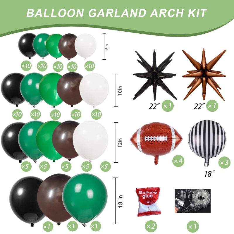 Vecacosic Football Balloon Arch Garland Kit Superbowl Balloon Arch With Black White Green And Brown Latex Balloons Football Foil Balloons Mylar Stars Superbowl Football Party Decorations (141 PCS) - Image 2
