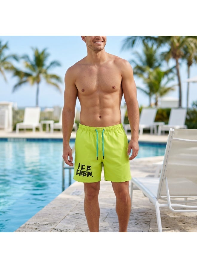 IceZone Men's Swim Trunks, Lime Green Quick-Dry Board Shorts with Ice Crew Graphic - Image 1