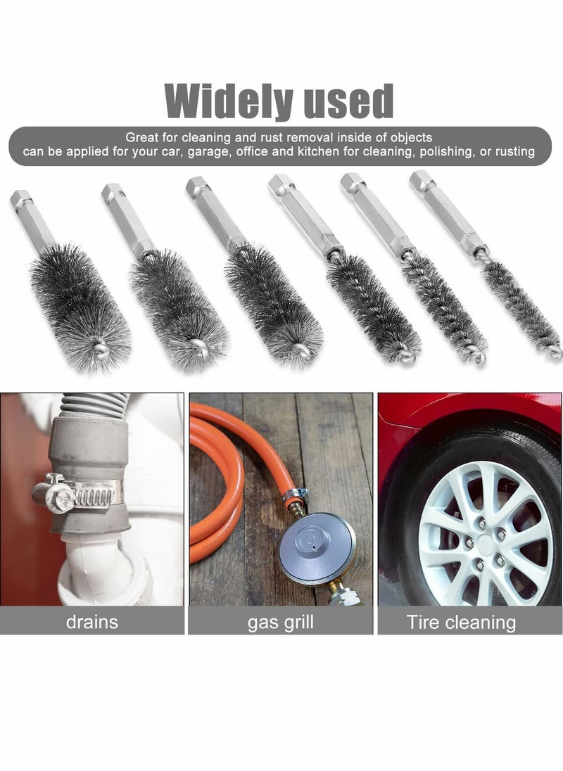 NIBEMINENT - Stainless Steel Bore Brush in Different Sizes Twisted Wire Cleaning with Handle 1/4 Inch Hex Shank for Power Drill Impact Driver, 4 Length 6 Pieces - Image 1
