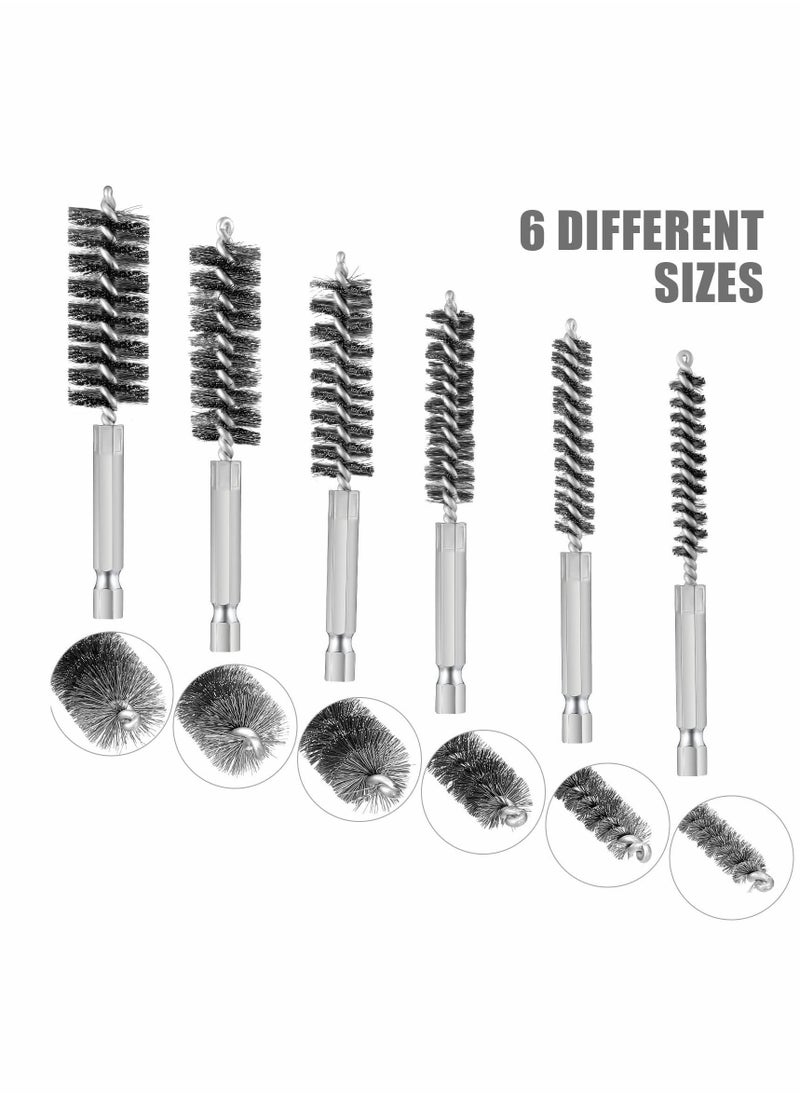 NIBEMINENT - Stainless Steel Bore Brush in Different Sizes Twisted Wire Cleaning with Handle 1/4 Inch Hex Shank for Power Drill Impact Driver, 4 Length 6 Pieces - Image 1