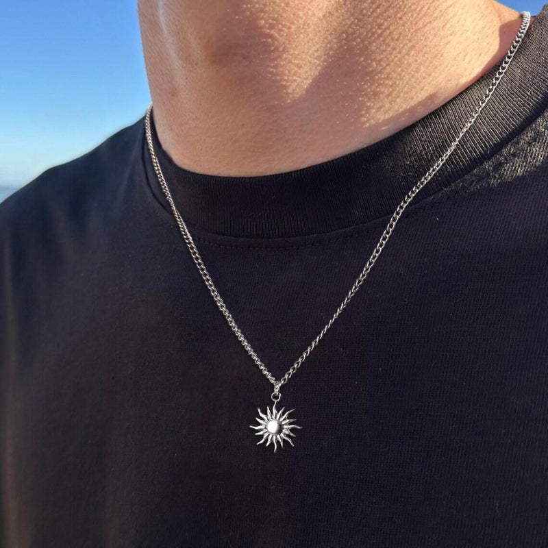 GINAZL Sun Necklace for Men, Stainless Steel Necklace Chain Mens Necklaces Anniversary Birsthday Gifts for Men Him Boyfriends Summer Surfer Pendant Necklaces (SS) - Image 5
