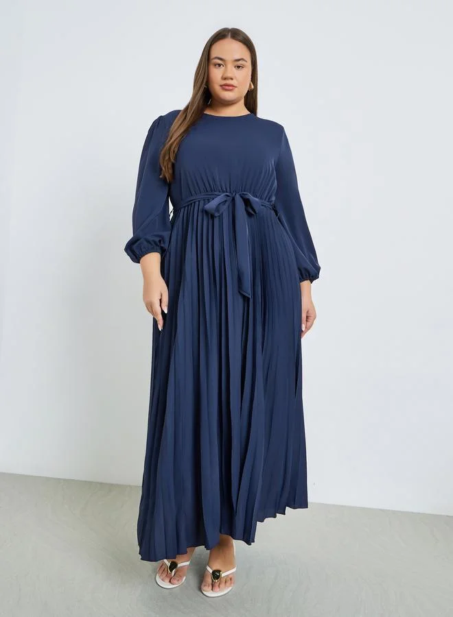Styli navy blue Plus Size Navy Blue Pleated Maxi Dress with Belt for Women | Best Price UAE