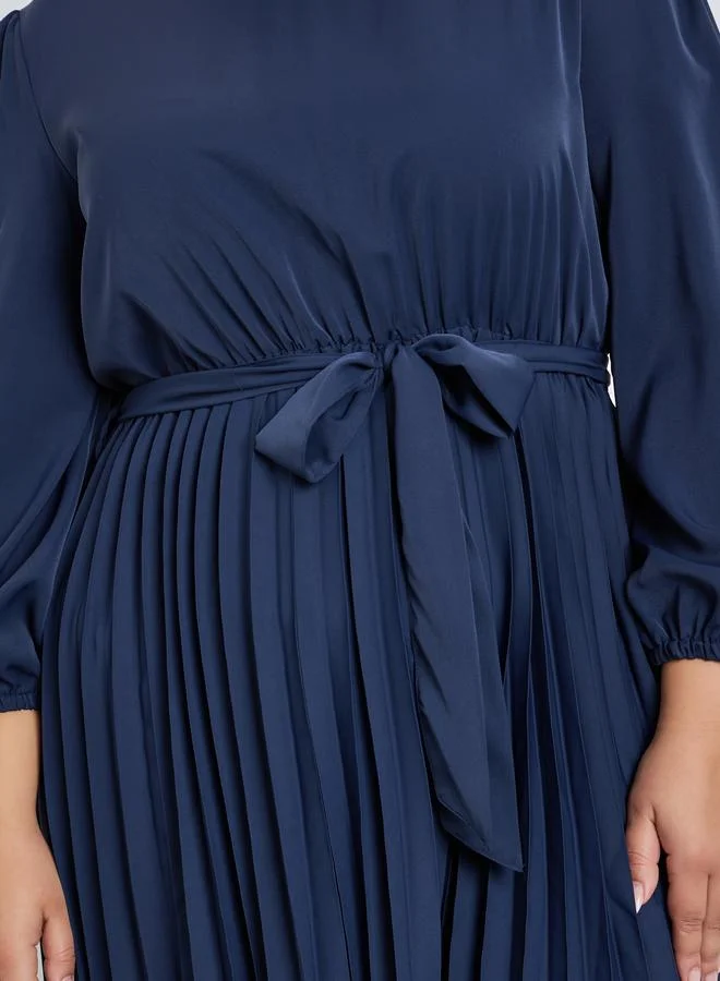 Styli navy blue Plus Size Navy Blue Pleated Maxi Dress with Belt for Women | Best Price UAE