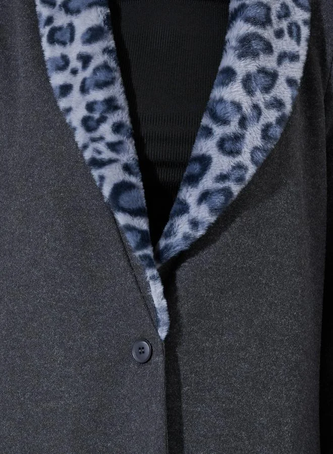 Styli  Charcoal Wool-Like Abaya with Leopard Print Faux Fur Collar for Women | Best Price UAE