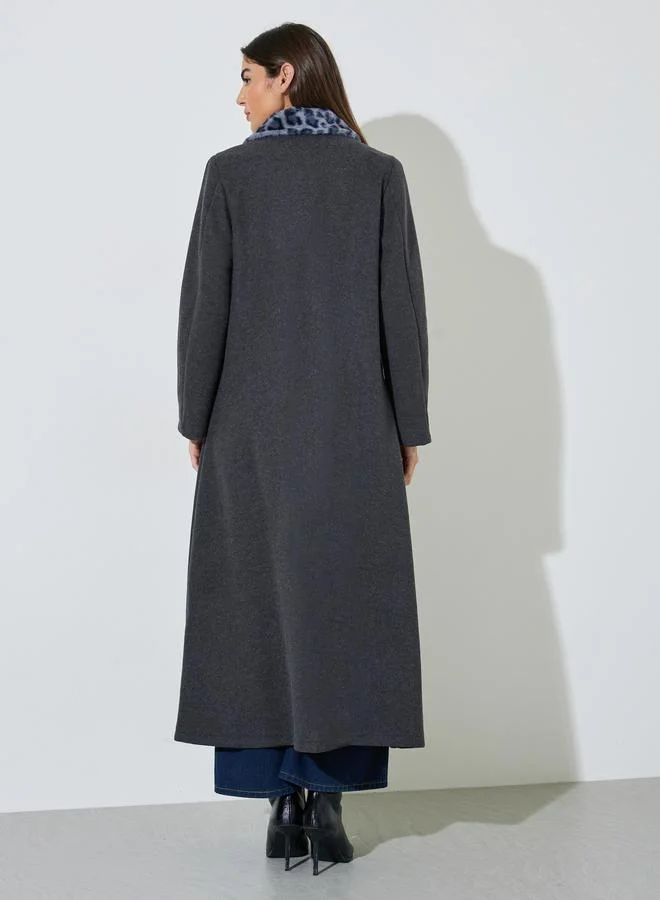 Styli  Charcoal Wool-Like Abaya with Leopard Print Faux Fur Collar for Women | Best Price UAE