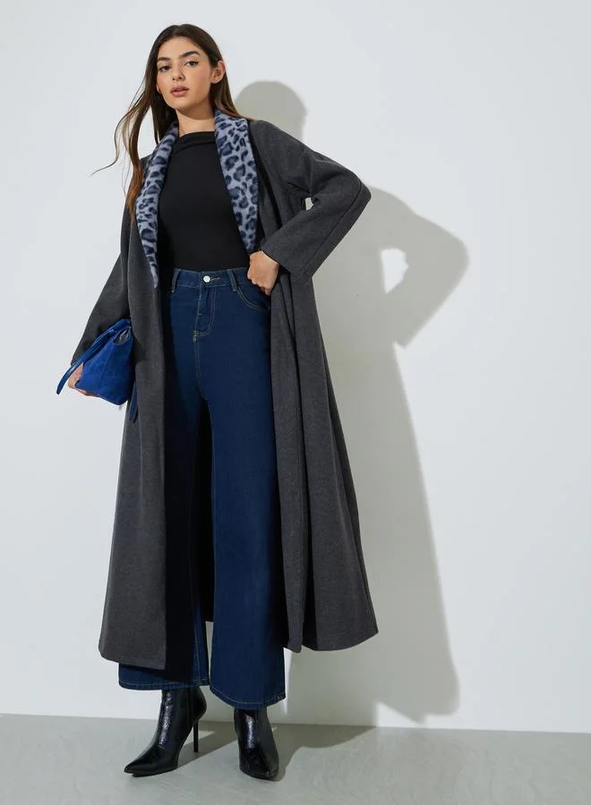Charcoal Wool-Like Abaya with Leopard Print Faux Fur Collar
