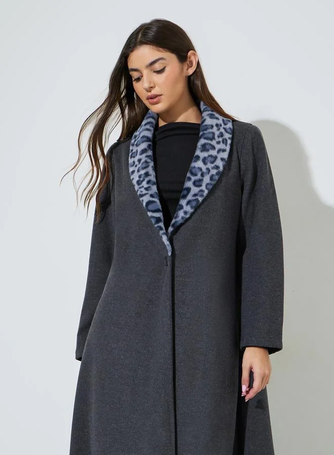 Styli  Charcoal Wool-Like Abaya with Leopard Print Faux Fur Collar for Women | Best Price UAE