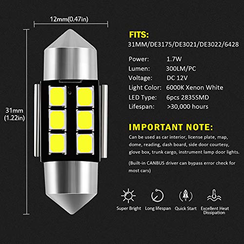AUXLIGHT DE3175 DE3021 DE3022 3175 31MM 1.22”Festoon Canbus Error Free LED Interior Light Bulbs 6000K Xenon White, Super Bright 6SMD Chips for Dome Map Door Courtesy License Plate Lights (Pack of 6) - Image 3