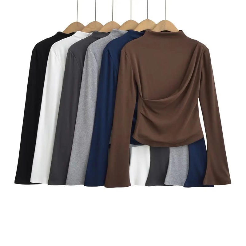 Ins Sweet Spice Girl Design Pleated Long-Sleeved T-Shirt Autumn New Style Outer Wear Inner Stretch Slim Base Shirt Top - Image 2