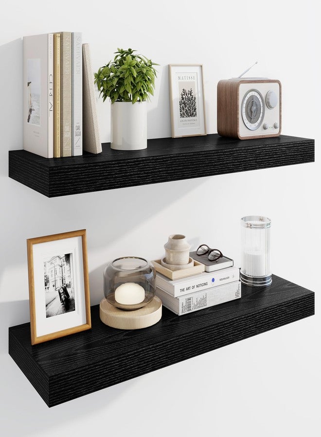 Marsmiles 30" Floating Shelves for Wall, Wooden Shelves with Invisible Brackets Set of 2, Rustic Farmhouse Wall Mounted Shelf for Kitchen Bathroom Living Room Study, Black - Image 1