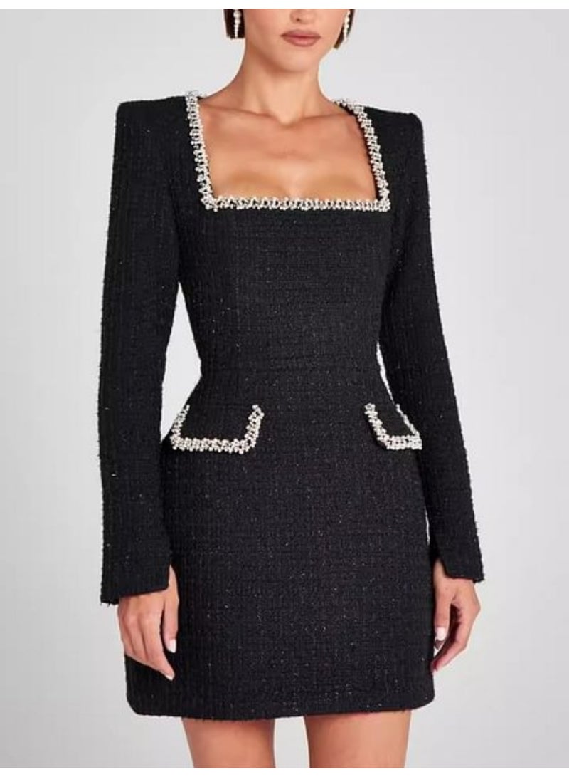 U-neck Long Sleeved Beaded Dress