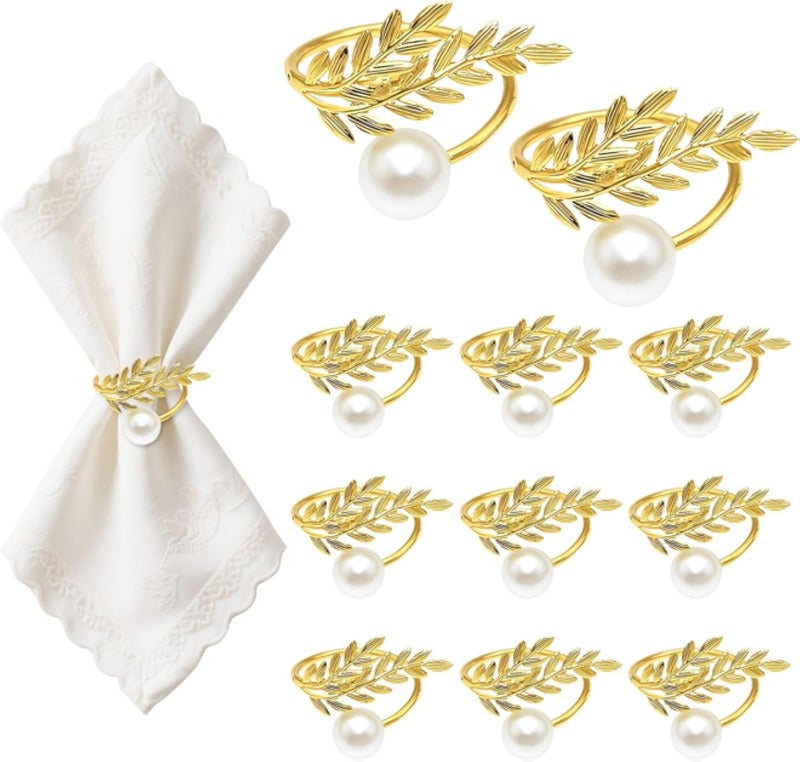 مجموعة من 12 حلقة منديل ذهبية، حلقة منديل معدنية على شكل ورقة أرز مع لؤلؤة، حلقات منديل أنيقة ذهبية اللون مناسبة لأعياد الميلاد، وحفلات الزفاف، والمآدب، والذكرى السنوية، والحفلات، وأعياد الميلاد
