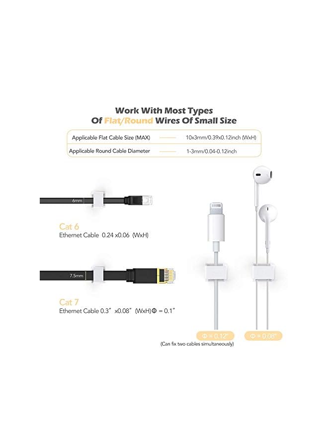 إيه جي بي تك 100 قطعة من مشابك الكابلات المسطحة، مشابك كابلات لاصقة، ذاتية اللصق لكابل شحن USB إيثرنت سلك الطاقة وسلك كابل الماوس والكمبيوتر المكتبي والمنزل، أبيض - Image 4