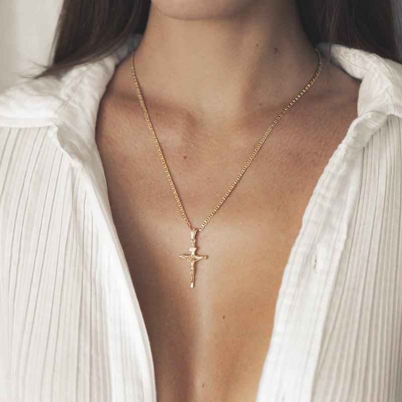 Barzel Cross Necklace for Women & Men 18K Gold Plated Flat Mariner/Marina 060 3MM Chain Necklace With Italian Cross Pendant (Gold Cross, 18) - Image 3