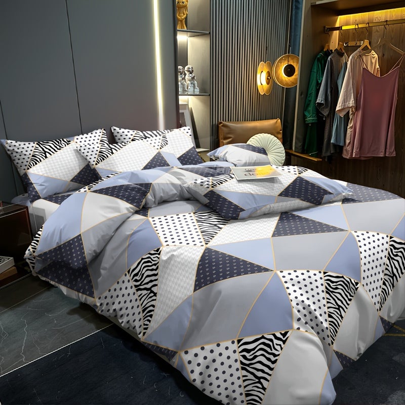 3pcs Set, Golden Striped Triangle Print Duvet Cover Bedding, Soft, Comfortable, Breathable, Suitable for Bedroom, Guest Room, School Dormitory Decoration 1 * Duvet Cover + 2 * Pillowcases, Excluding Cores - Image 1