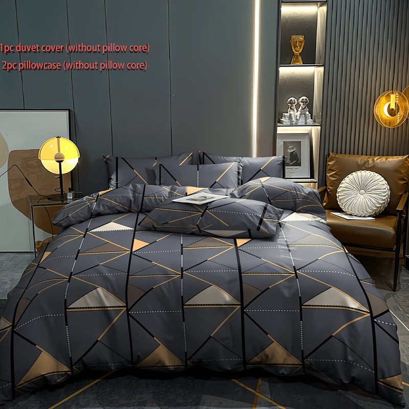 3pcs Set, Golden Striped Triangle Print Duvet Cover Bedding, Soft, Comfortable, Breathable, Suitable for Bedroom, Guest Room, School Dormitory Decoration 1 * Duvet Cover + 2 * Pillowcases, Excluding Cores - Image 3