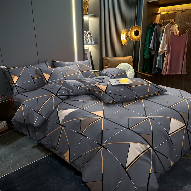 3pcs Set, Golden Striped Triangle Print Duvet Cover Bedding, Soft, Comfortable, Breathable, Suitable for Bedroom, Guest Room, School Dormitory Decoration 1 * Duvet Cover + 2 * Pillowcases, Excluding Cores - Image 2