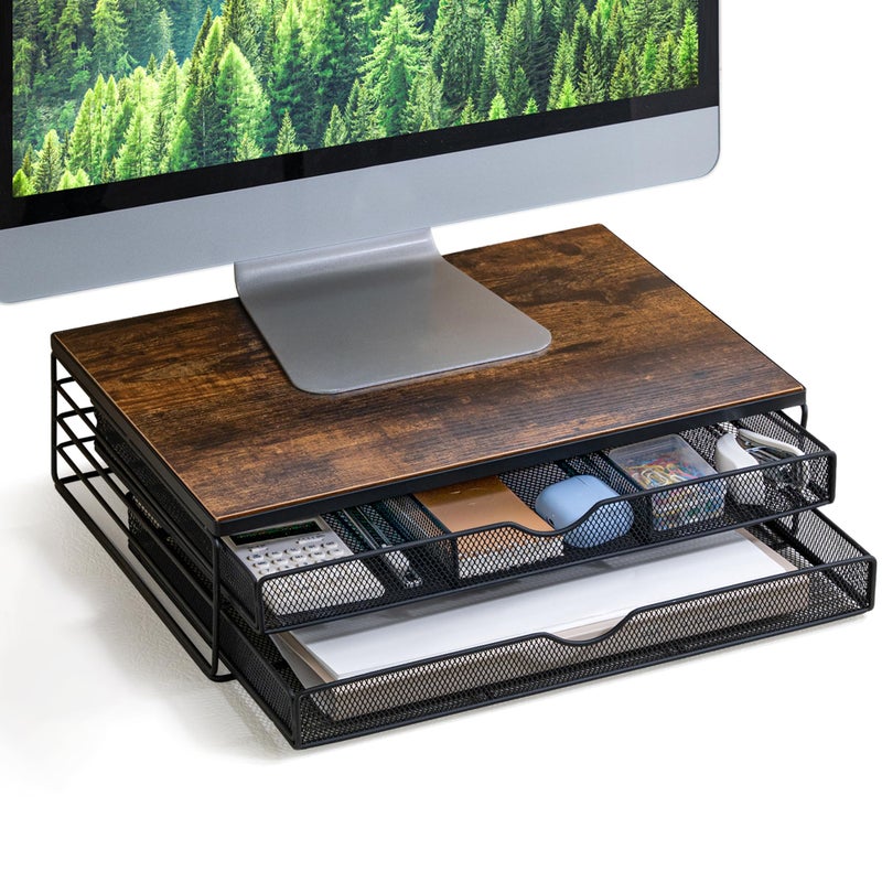 ARCOBIS ARCOBIS Wood Monitor Riser with Drawers Mesh Metal Computer Monitor Stand Riser with Storage for Desk Max Load Capacity 40LB 2 Drawers Rustic Brown 