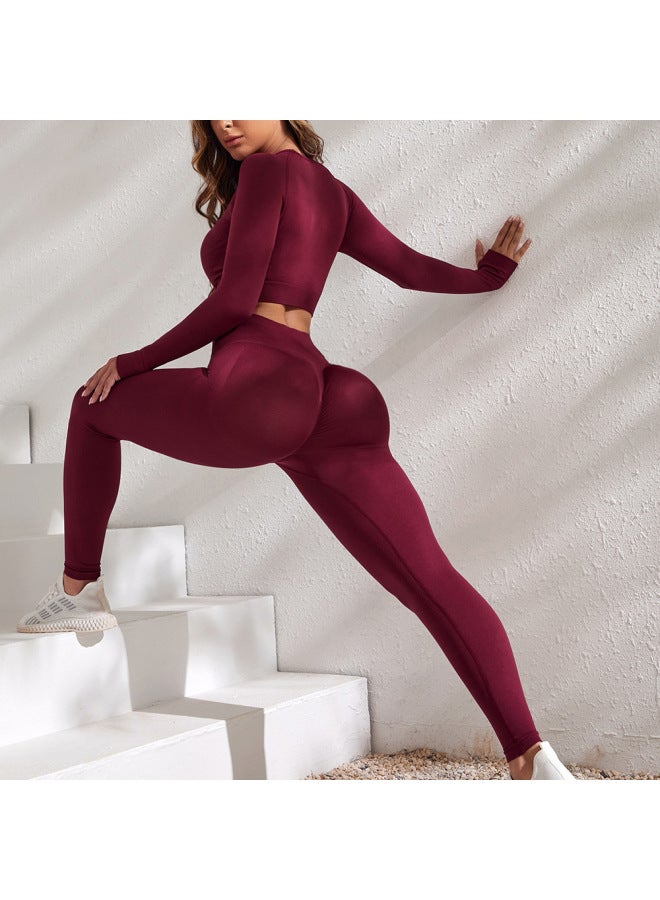 European And American Yoga Suit Seamless Long Sleeve Top + Tight High Waist Fitness Pants 2-piece Set - Image 4