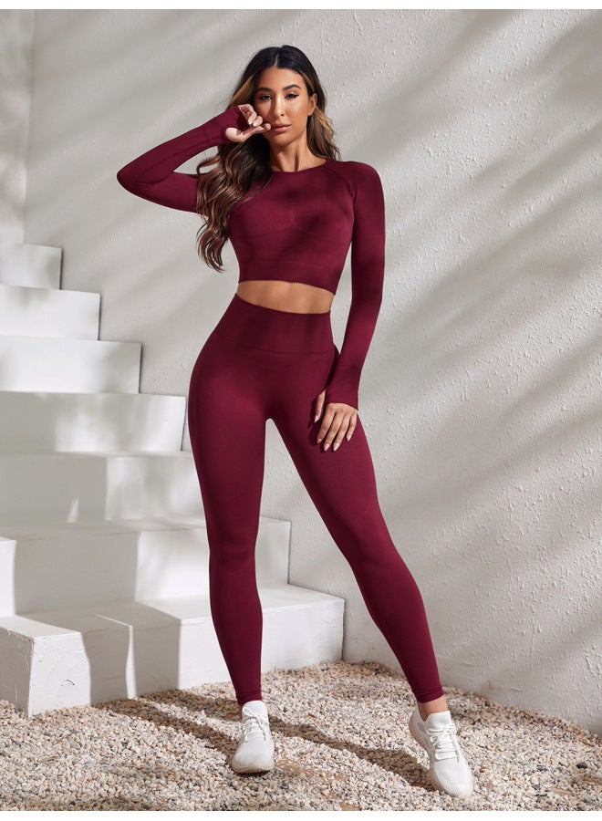 European And American Yoga Suit Seamless Long Sleeve Top + Tight High Waist Fitness Pants 2-piece Set - Image 1