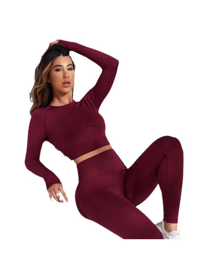 European And American Yoga Suit Seamless Long Sleeve Top + Tight High Waist Fitness Pants 2-piece Set - Image 5