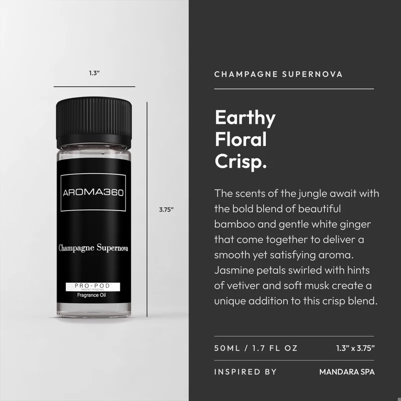 Aroma360  Champagne Supernova Pro-Pod Oil Blend - Hotel Inspired for Luxury Essential Oil Diffusers - Aromatherapy Scent Diffuser Oil - Bamboo, Jasmine, and Ginger - 50 mL, 1.7 fl oz  | Best Price UAE