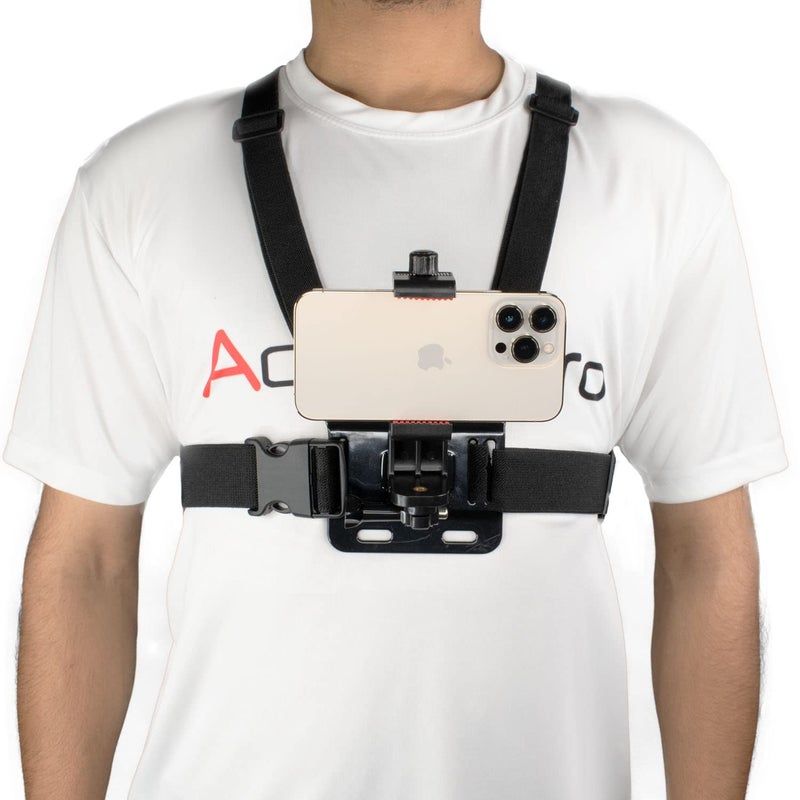 Action Pro حامل هاتف مع حزام صدر قابل للتعديل مع خطاف J لتحويل سريع ومحول رأس كتلة مع برغي إبهام متوافق مع الهواتف المحمولة وكاميرات 13 12 11 10 9 8 7 6 5 4 (ABS، أسود) - Image 1