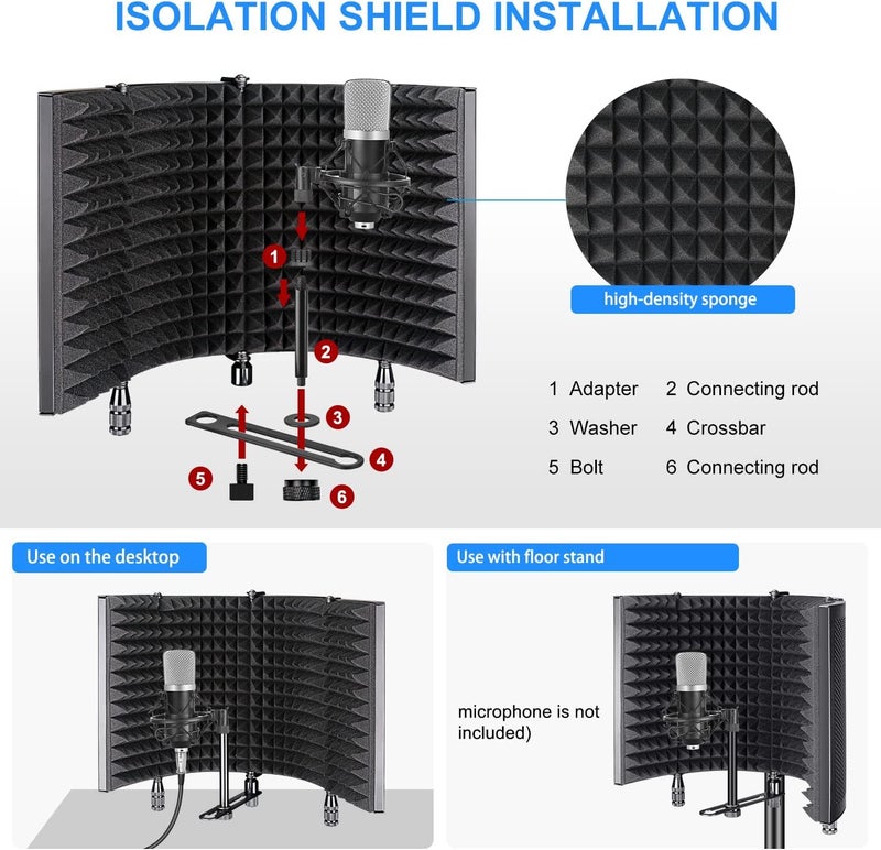 TECHBLAZE Isolation Shield for Mic with 360° Doubled Layer Pop Filter High Density Vocal Booth for Home Studio 5 Layer Sound Absorbent Reflection Filter Foam for Podcasting Streaming Singing Dubbing - Image 3