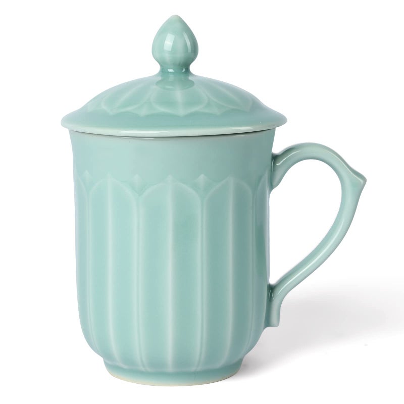 Tingyework Tingyework Porcelain Lotus Tea Cup with Lid and Handle 12 oz Unique Coffee Mug Microwave Dishwasher Safe Gifts for Women and Men Aesthetic Chinese Celadon 1 Pack Sky Blue 